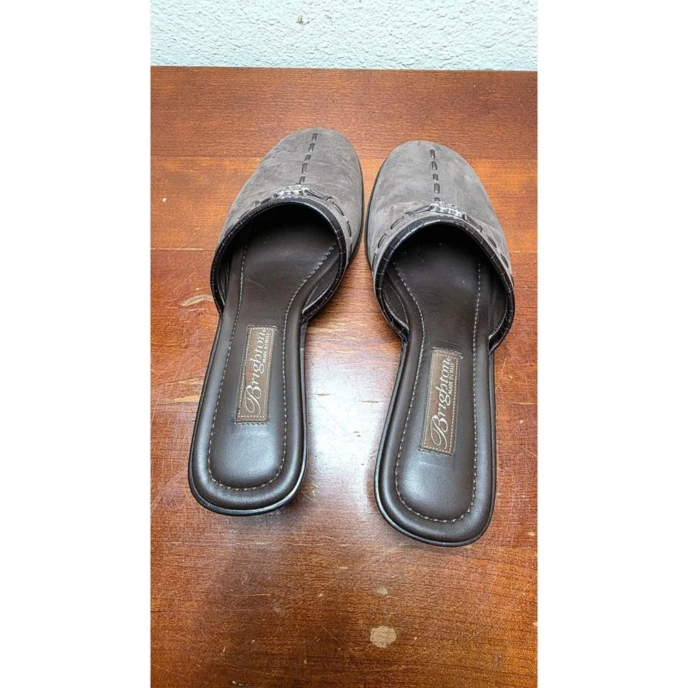 Brighton Women's 7.5 Brown Suede Slip-On Wedge‎ Mules Metal Accent Made In Italy